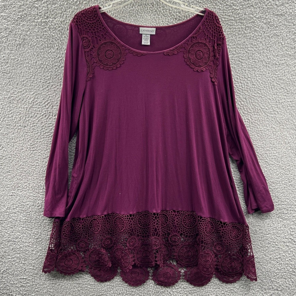 Catherines Womens Crochet Lace Hem Tunic Top 14W Plum Romantic Plus Flowy Boho